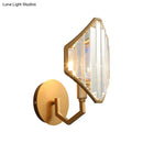 Contemporary brass rhombus wall sconce with clear crystal prism bedroom