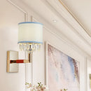 Contemporary gold & blue crystal deco wall light bedroom fabric shade