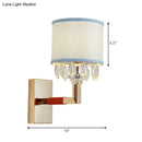 Contemporary gold & blue crystal deco wall light bedroom fabric shade