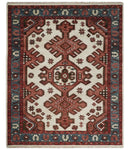 Coral Rust and Ivory Hand Knotted Traditional Heriz Serapi  Wool area Rug