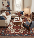 Coral Rust and Ivory Hand Knotted Traditional Heriz Serapi  Wool area Rug