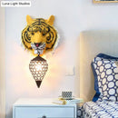 Country tiger head wall sconce bedroom light with clear crystal shade