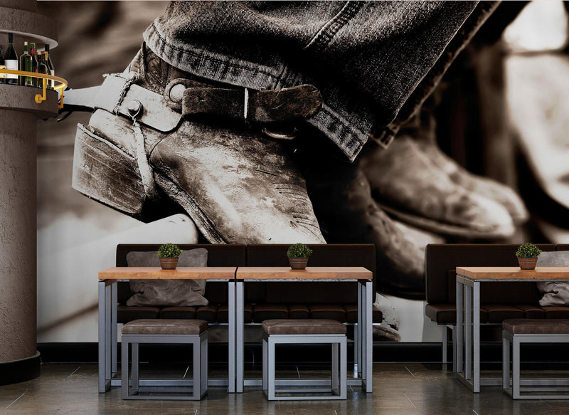 Vintage Western Theme Wallpaper. Rustic Cowboy Sepia Wall Mural.