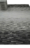 Custom Made Leather Striped Gray and Silver Leather Rug