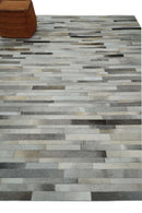 Modern Geometrical Leather Striped Silver and Ivory Leather Custom Made Area Rug