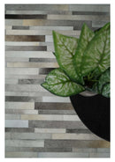Modern Geometrical Leather Striped Silver and Ivory Leather Custom Made Area Rug