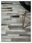 Modern Geometrical Leather Striped Silver and Ivory Leather Custom Made Area Rug