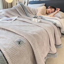 Cozy striped knitted velvet bedroom blanket in cream & black