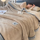 Cozy striped knitted velvet bedroom blanket in cream & black