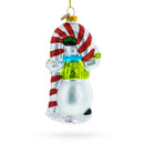 Snowman with the Mint Candy Cane Glass Christmas Ornament