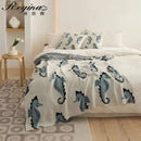 Cream and blue cute sea horse cotton blanket bedroom knit throw