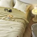 Cream and green cartoon embroidery comforter set bedroom bedding