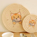 Cream braided rope cat print round coaster dining room heat pad