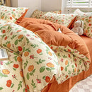 Cream bunny & pink rose cartoon pattern cotton bedding set bedroom