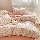 Cream bunny & pink rose cartoon pattern cotton bedding set bedroom