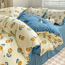 Cream bunny & pink rose cartoon pattern cotton bedding set bedroom