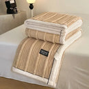 Cream cozy faux rabbit plush blanket bedroom black piping edge