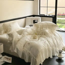 Cream flowers embroidery lace ruffles bedding set bedroom satin lyocell