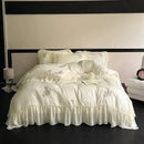 Cream flowers embroidery lace ruffles bedding set bedroom satin lyocell
