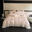 Cream flowers embroidery lace ruffles bedding set bedroom satin lyocell