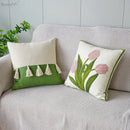 Cream green tulip embroidery cushion cover living room pillow case