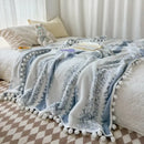 Cream & mustard yellow jacquard fluffy ball lace living room blanket