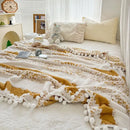 Cream & mustard yellow jacquard fluffy ball lace living room blanket