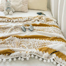 Cream & mustard yellow jacquard fluffy ball lace living room blanket