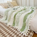 Cream & mustard yellow jacquard fluffy ball lace living room blanket