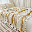 Cream & mustard yellow jacquard fluffy ball lace living room blanket