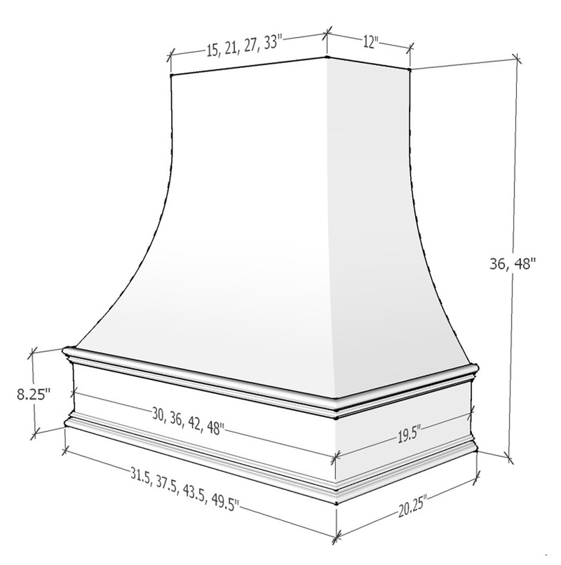 White Wood Range Hood With Curved Front and Decorative Trim - 30" 36" 42" 48" 54" and 60" Widths Available