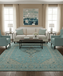 Custom Made Blue And Beige Turkish Design Hand knotted Wool Area Rug