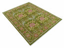 Custom Made Green And Pink Traditional Donegal Design Hand Knotted wool area rug