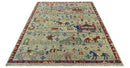 Custom Made Greenish Beige, Rust And Blue Folk Art Hand Knotted Wool Area Rug