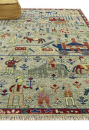 Custom Made Greenish Beige, Rust And Blue Folk Art Hand Knotted Wool Area Rug