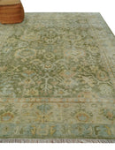 Custom Made Hand Knotted Antique Finish Green, Aqua and Beige Traditional Wool Rug