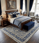 Custom Made Hand Knotted Beige and Blue Traditional Heriz  Wool Area Rug