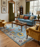 Custom Made Hand Knotted Blue and Ivory Traditional Oushak Wool Area Rug