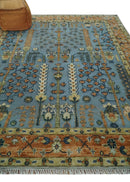 Custom Made Hand Knotted Blue and Rust Tree Design Low pile Wool Area Rug