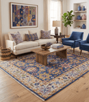Custom Made Hand Knotted Blue, Gold and Beige Oriental Oushak wool Area Rug