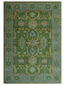 Custom Made Hand Knotted Green, Silver and Peach Traditional Oushak Wool Area Rug