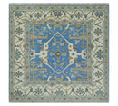 Custom Made Hand Knotted Oriental Oushak Blue and Ivory Wool Area Rug