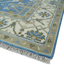 Custom Made Hand Knotted Oriental Oushak Blue and Ivory Wool Area Rug