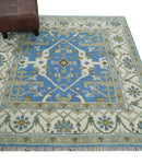 Custom Made Hand Knotted Oriental Oushak Blue and Ivory Wool Area Rug