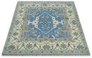 Custom Made Hand Knotted Oriental Oushak Blue and Ivory Wool Area Rug