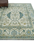 Custom Made Hand Knotted Oriental Oushak Ivory, Teal and Beige Wool Area Rug