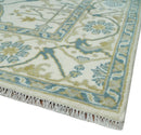 Custom Made Hand Knotted Oriental Oushak Ivory, Teal and Beige Wool Area Rug