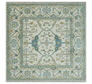Custom Made Hand Knotted Oriental Oushak Ivory, Teal and Beige Wool Area Rug