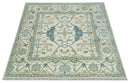 Custom Made Hand Knotted Oriental Oushak Ivory, Teal and Beige Wool Area Rug