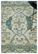 Custom Made Hand Knotted Oriental Oushak Ivory, Teal and Beige Wool Area Rug